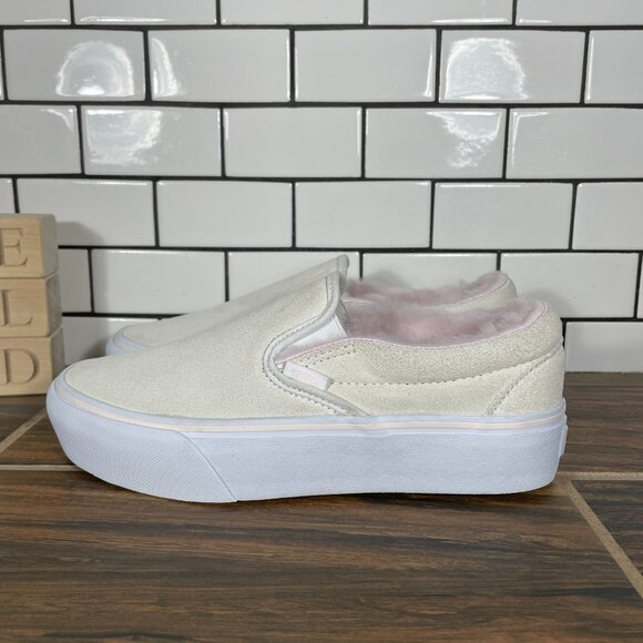 Vans Classic Slip On Platform Womens 8 Shoes Cream Suede Pink Faux Fur Sneaker - Picture 1 of 15
